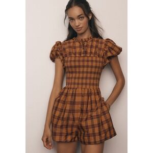 Maeve Anthropologie Puff Sleeved Smocked Plaid Romper Orange Brown Size 2X